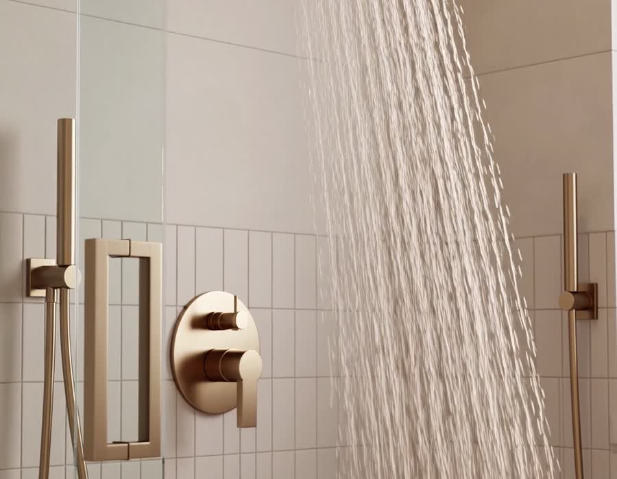 Installed shower glass and bath hardware detail